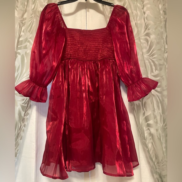 NWT Red Sheer Puff Sleeve Dress - Picture 4 of 4